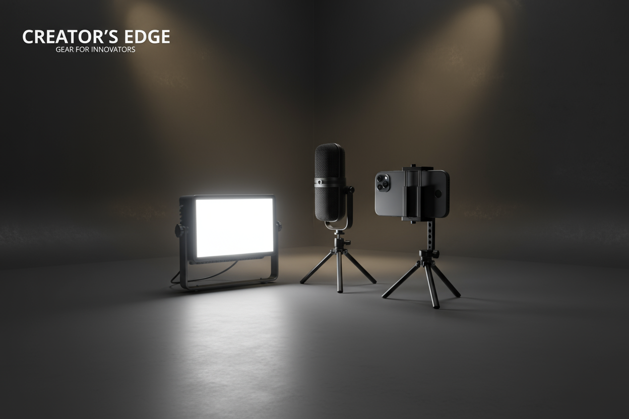 A visually dynamic, modern hero banner image for a content creation gear store called BISH FILMS LTD. The scene is a stylized, minimalist film set corner. The image should feature a medium-sized bi-color LED light panel casting a sharp, clean white light, a directional shotgun microphone mounted on a small, sturdy tabletop tripod, and a smartphone Vlogging Cage holding a phone. The background should be a clean, dark gray or black, with subtle, focused light to emphasize the gear's functionality and quality.